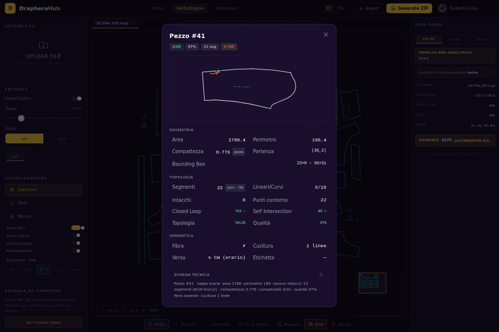 Interfaccia VectorEngine — viewer HPGL con riconoscimento CAD